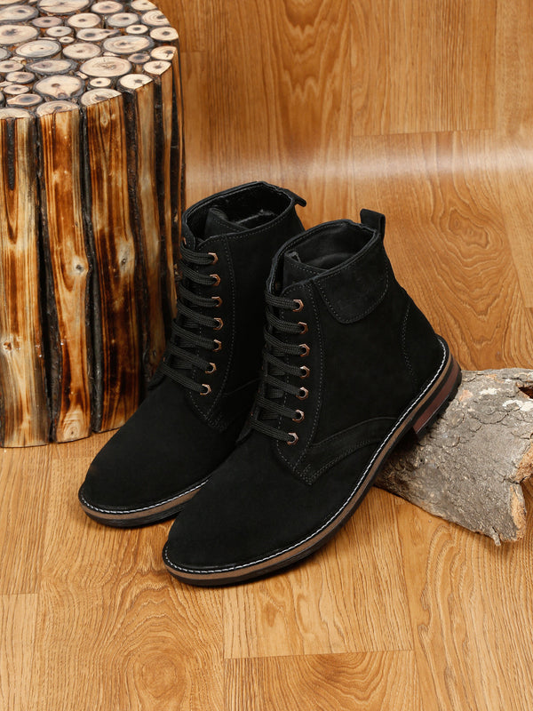 Jet Black Handmade High Ankle Bikers Long Boot - Italian Suede Leather