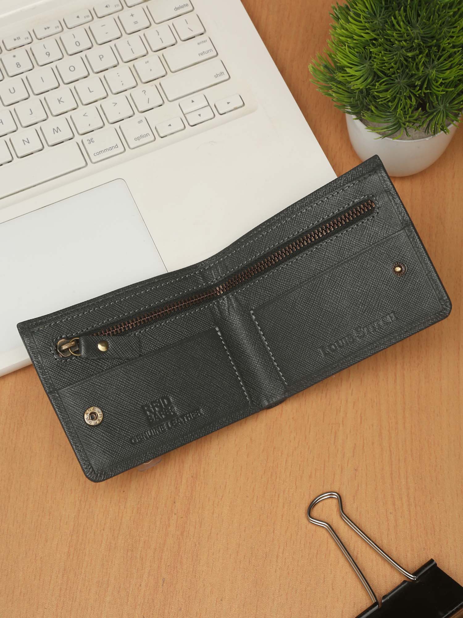 Grey Italian Saffiano Leather Zipper Wallet